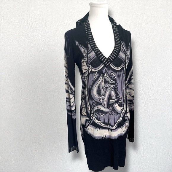 Christian Audigier Hoodie Dress – Gothic Tattoo Print, Rhinestone, LA Streetwear - Picture 2 of 15